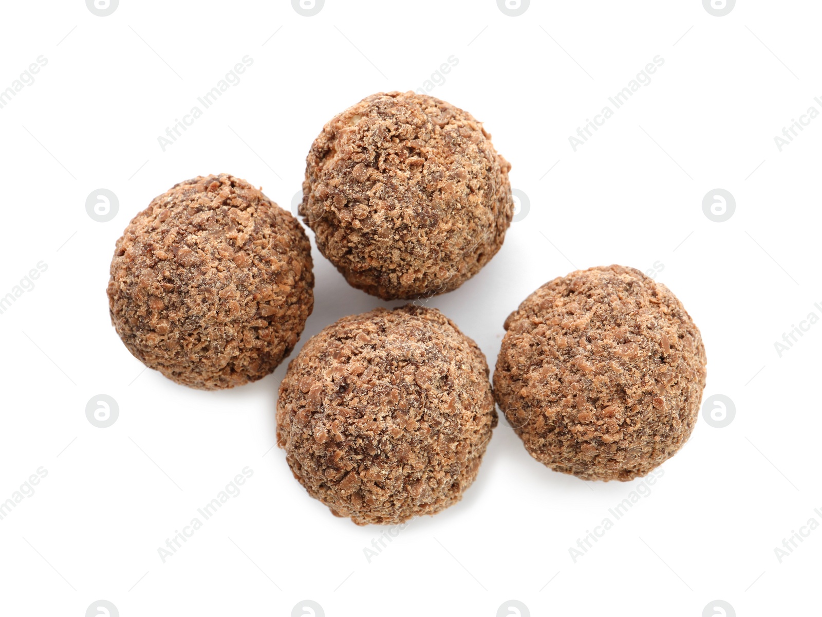 Photo of Delicious chocolate truffles on white background, top view