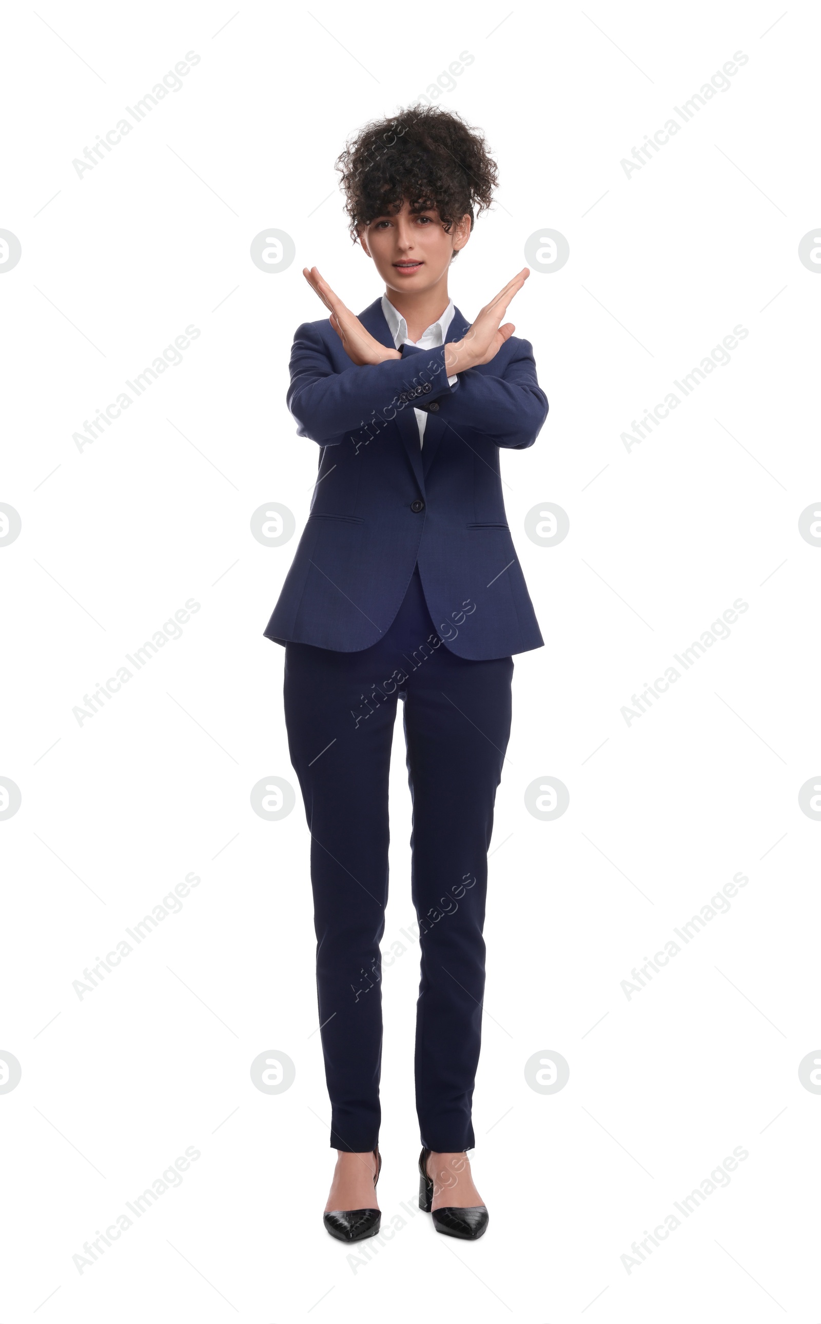 Photo of Beautiful young businesswoman in suit on white background