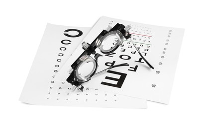 Photo of Trial frame and vision test charts isolated on white