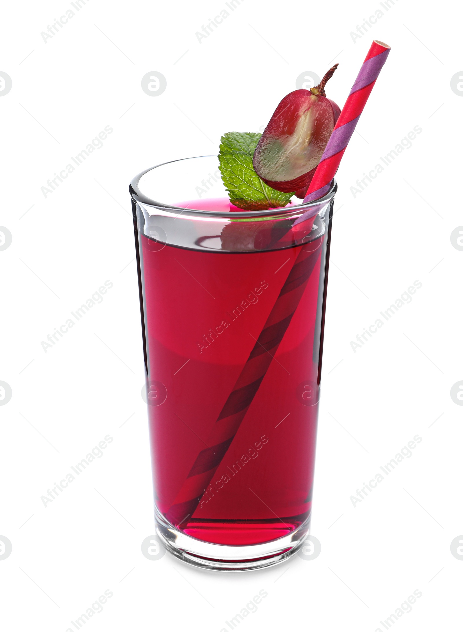 Photo of Delicious grape soda water isolated on white. Refreshing drink