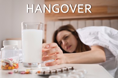 Image of Young woman feeling unwell and taking hangover remedy at home