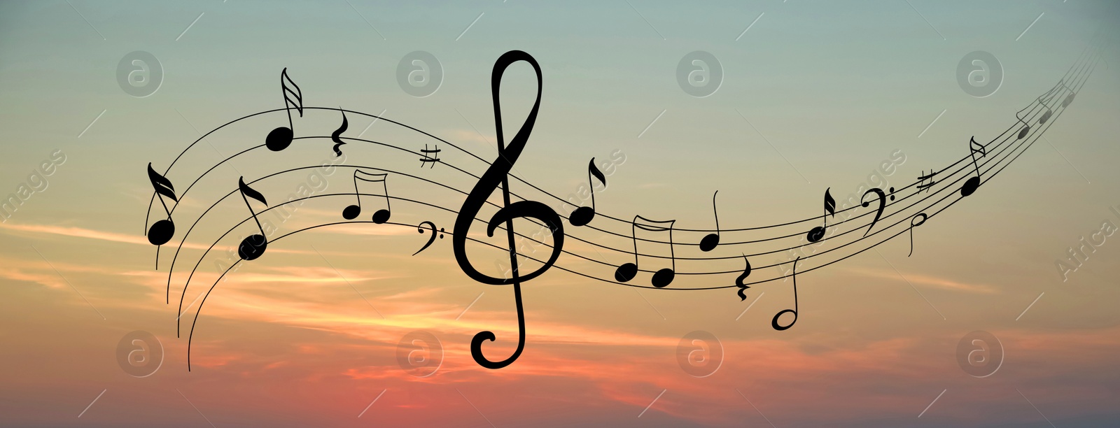 Image of Staff with treble clef and musical notes against sunset sky, banner design