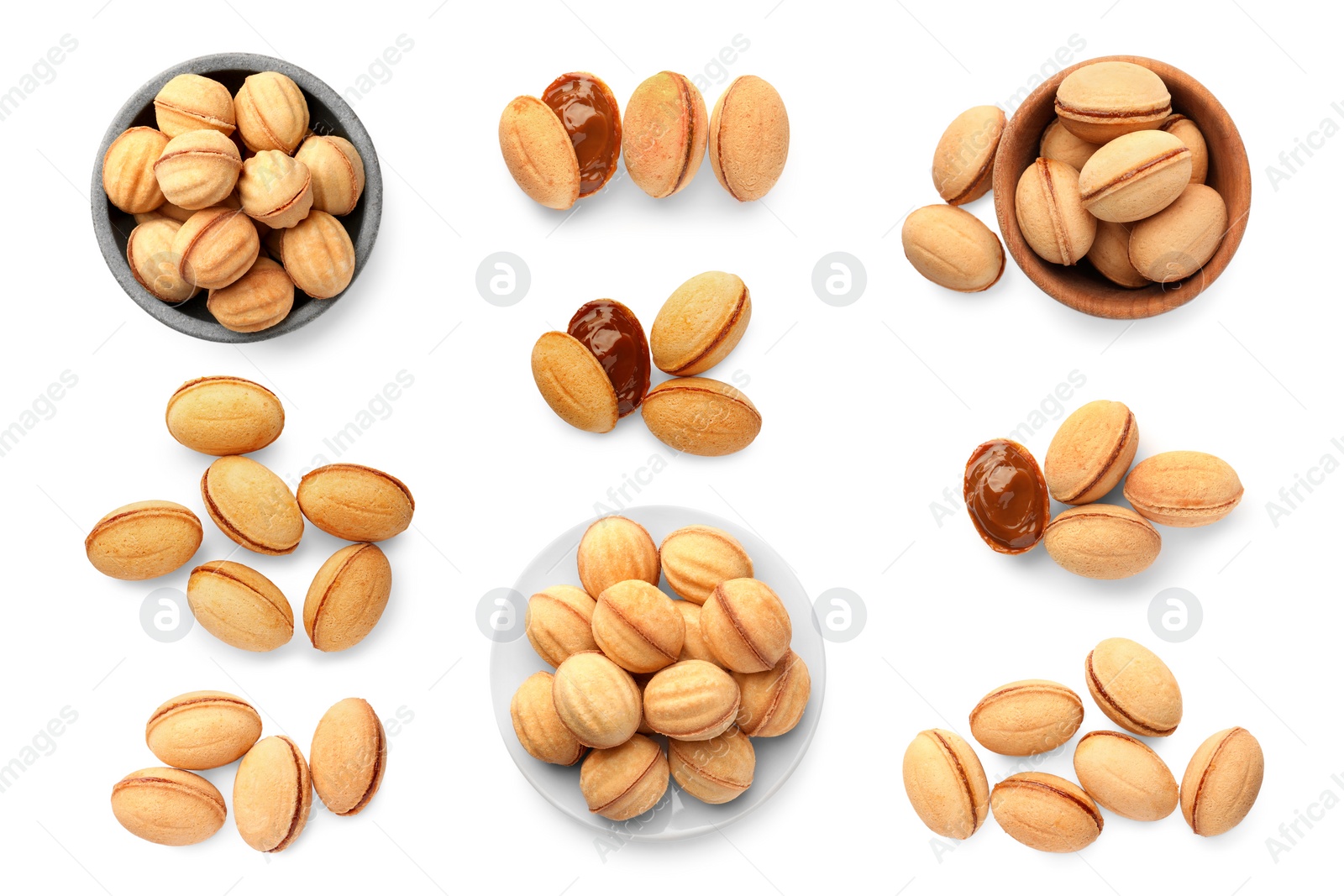 Image of Delicious nut shaped cookies with caramelized condensed milk isolated on white, top view. Collage design