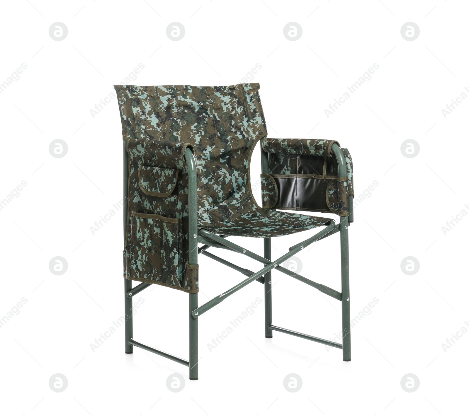 Photo of Comfortable camouflage fishing chair on white background