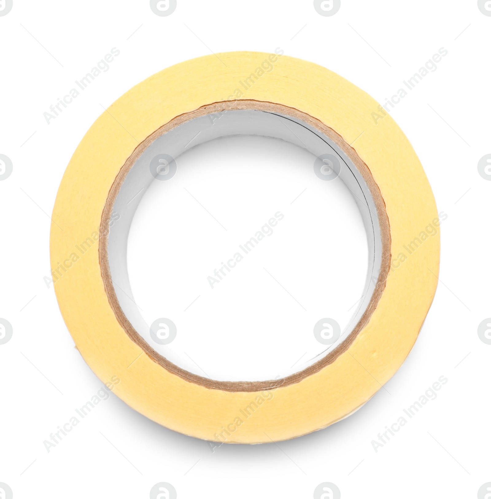 Photo of Roll of yellow adhesive tape on white background, top view