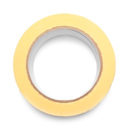 Photo of Roll of yellow adhesive tape on white background, top view