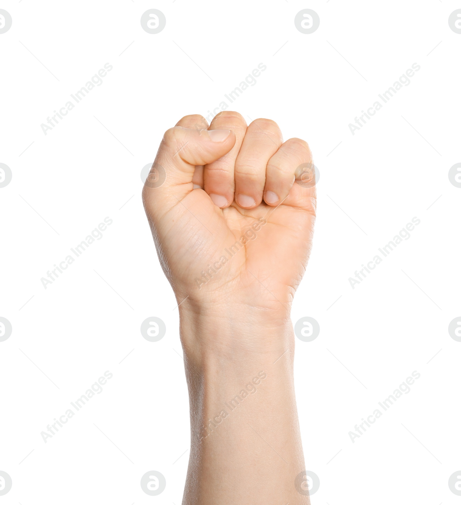 Photo of Man showing S letter on white background, closeup. Sign language