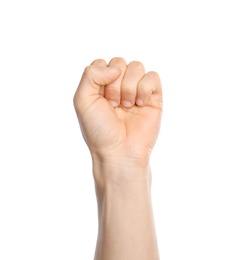 Man showing S letter on white background, closeup. Sign language