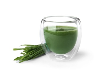 Photo of Glass of fresh wheat grass juice and sprouts on white background