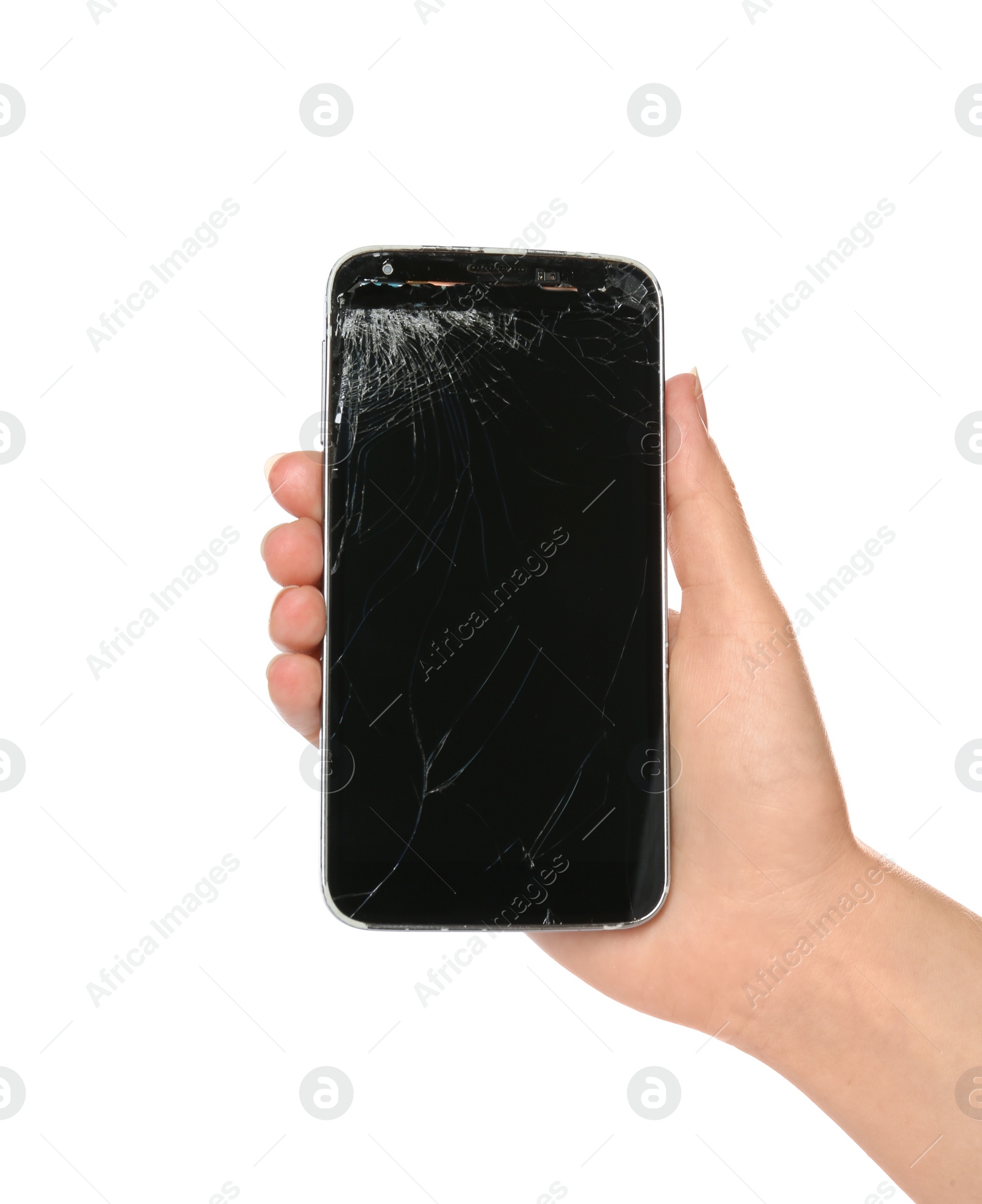 Photo of Woman holding damaged smartphone on white background, closeup. Device repairing