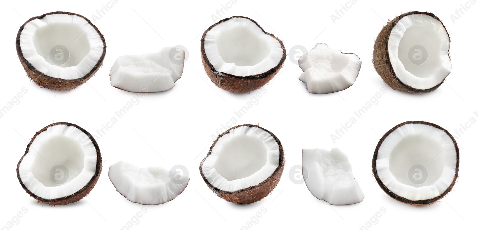 Image of Set with ripe coconuts on white background. Banner design