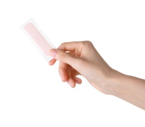 Photo of Woman holding medical adhesive bandage isolated on white, closeup