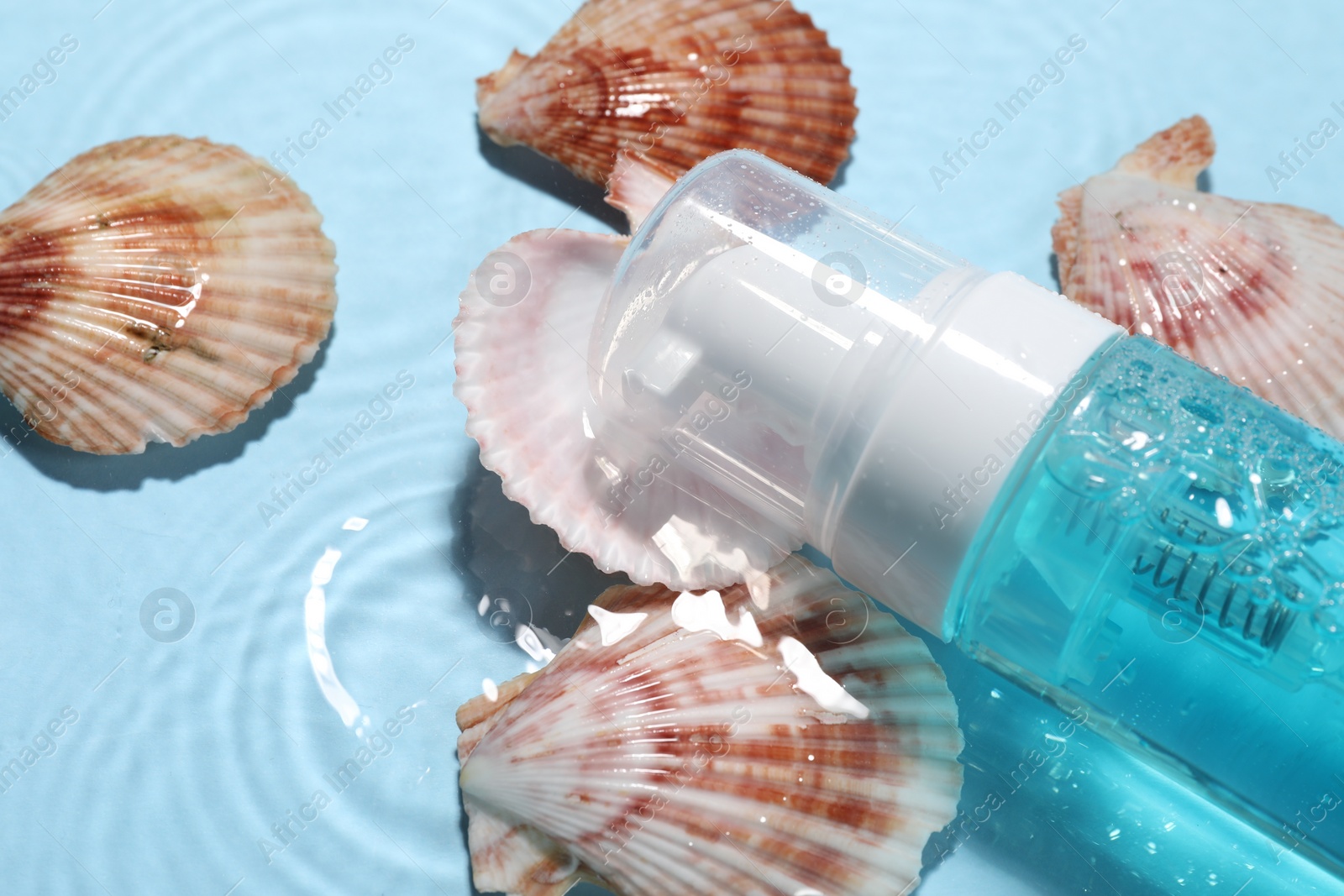 Photo of Bottle of face cleansing product and seashells in water against light blue background, closeup