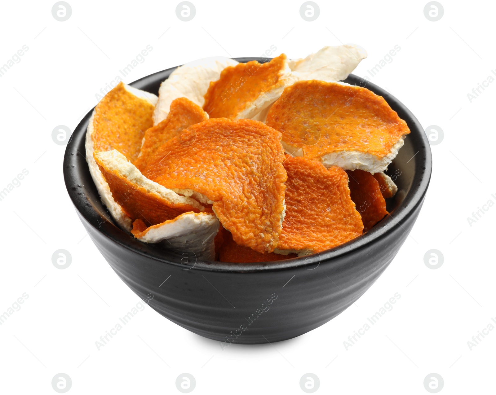 Photo of Dry orange peels in bowl isolated on white