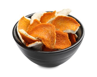 Photo of Dry orange peels in bowl isolated on white