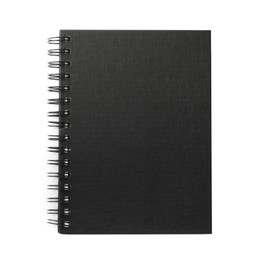 Photo of Closed black office notebook isolated on white, top view