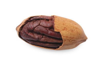 Tasty pecan nut with shell isolated on white, top view