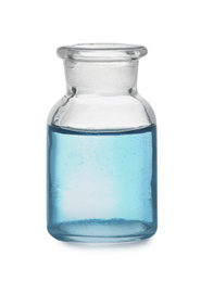Apothecary bottle with light blue liquid isolated on white