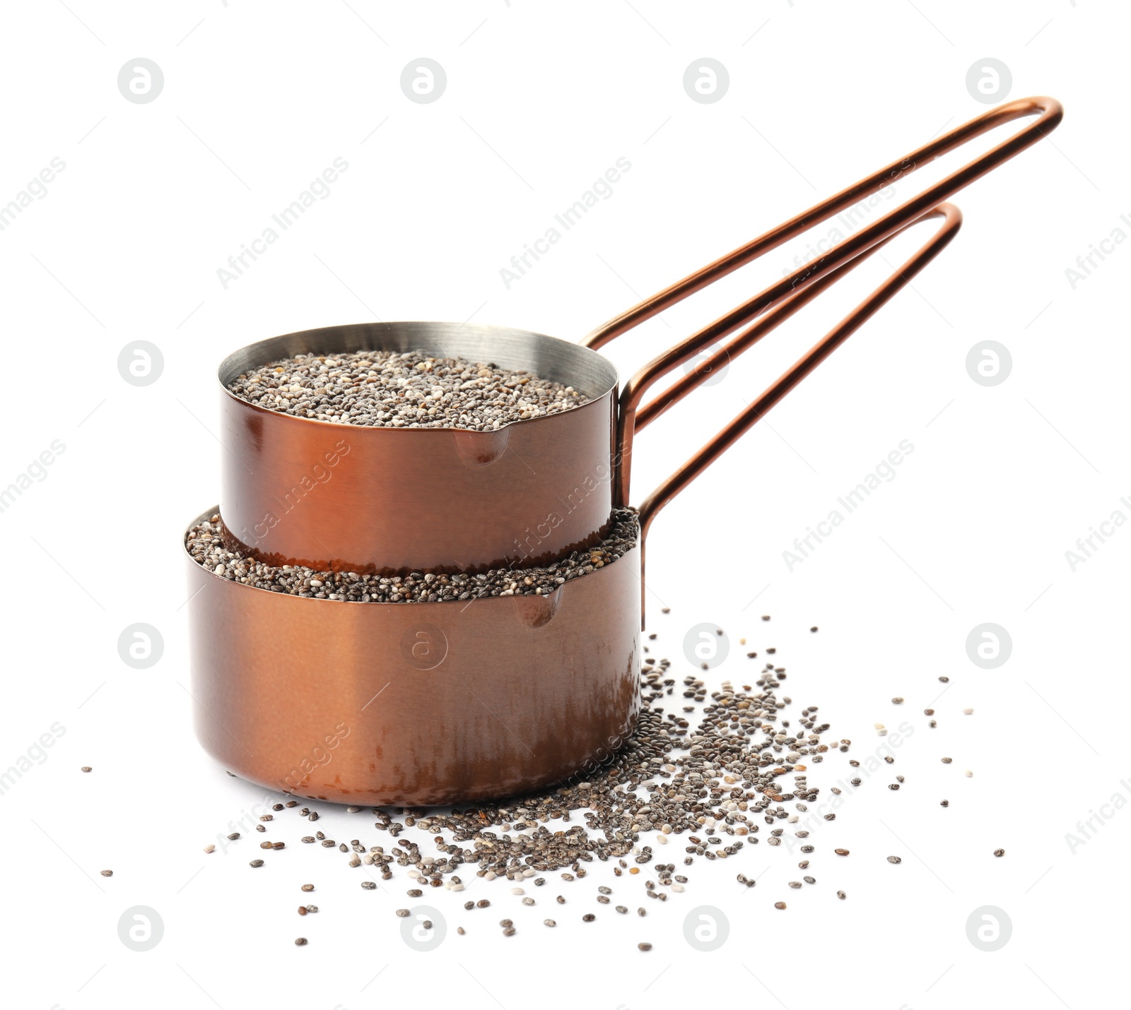 Photo of Saucepans and chia seeds isolated on white