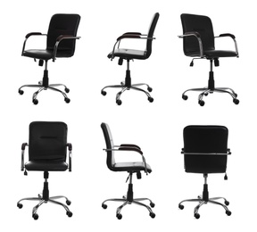 Set with black office chairs with leather seats on white background