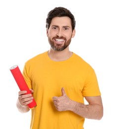 Photo of Happy man with party popper on white background