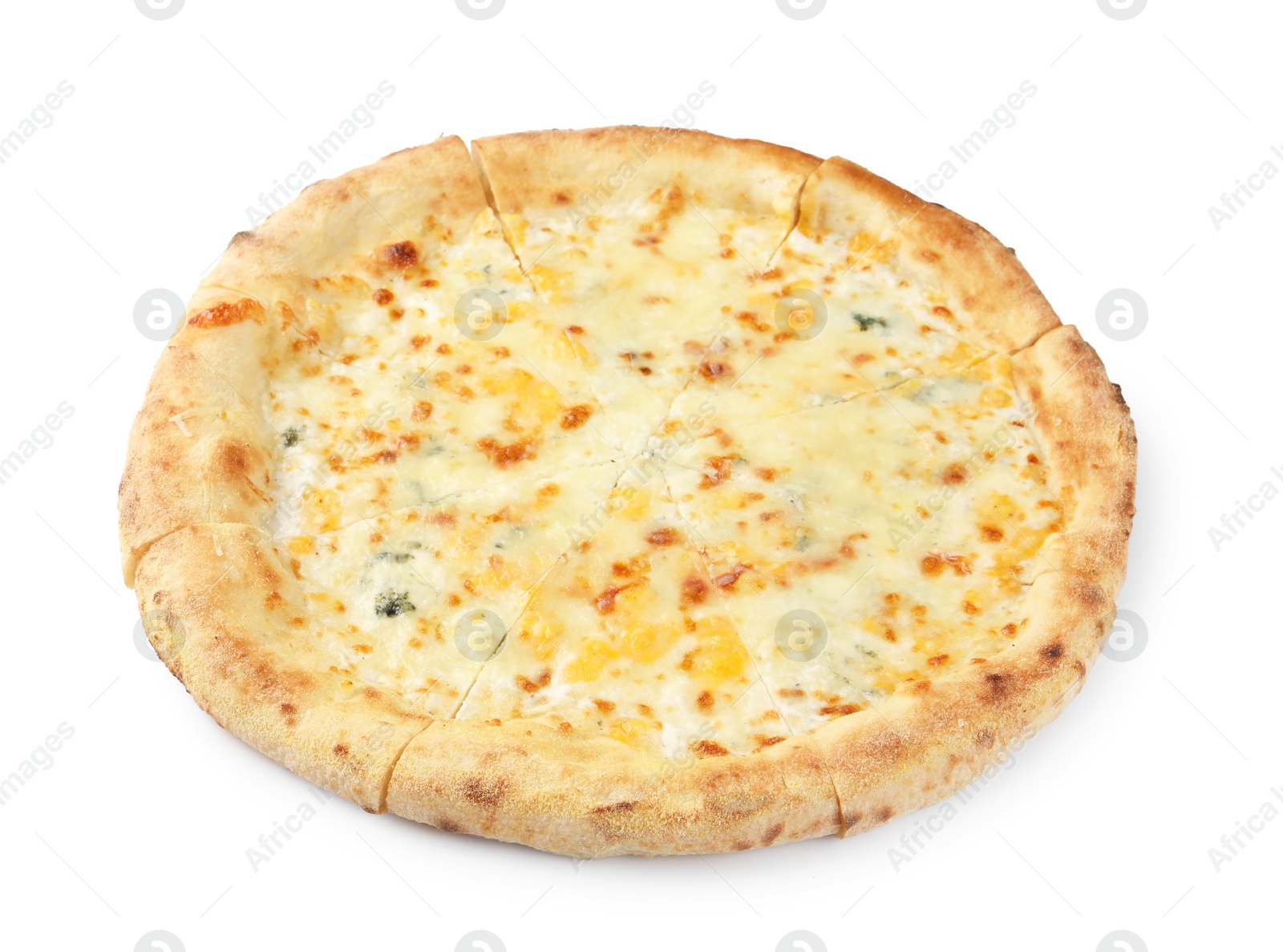 Photo of One delicious cheese pizza isolated on white