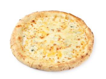 Photo of One delicious cheese pizza isolated on white