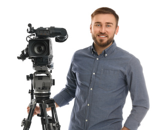 Photo of Operator with professional video camera on white background