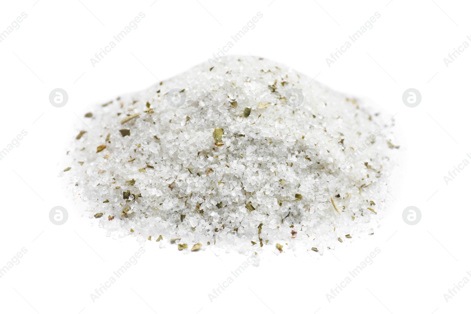 Photo of Heap of natural herb salt on white background