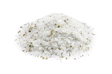 Photo of Heap of natural herb salt on white background