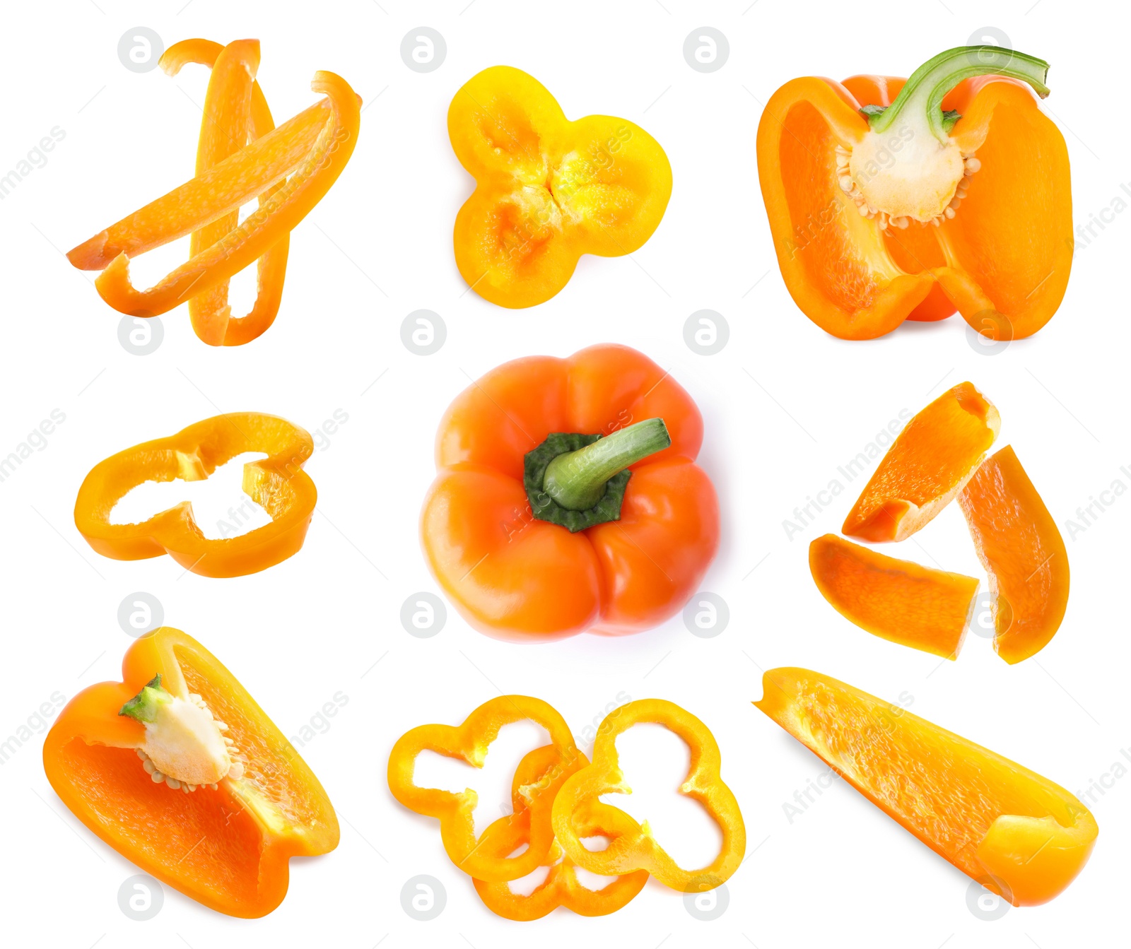 Image of Set of ripe orange bell peppers on white background