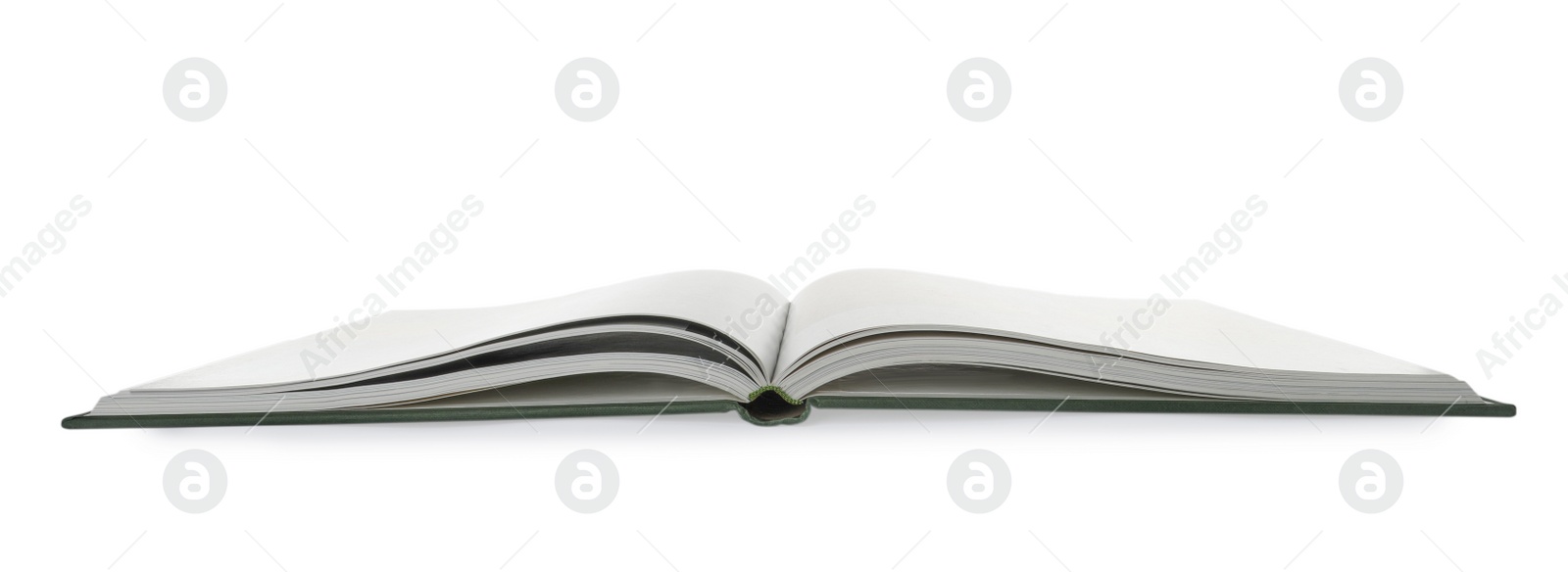 Photo of Open book with hard cover on white background