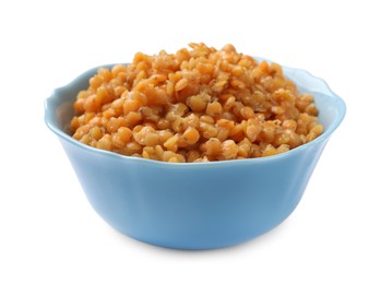 Delicious red lentils in bowl isolated on white