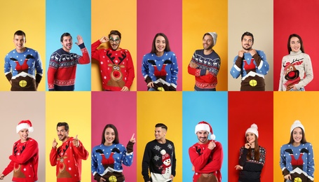 Image of Collage with photos of men and women in different Christmas sweaters on color backgrounds
