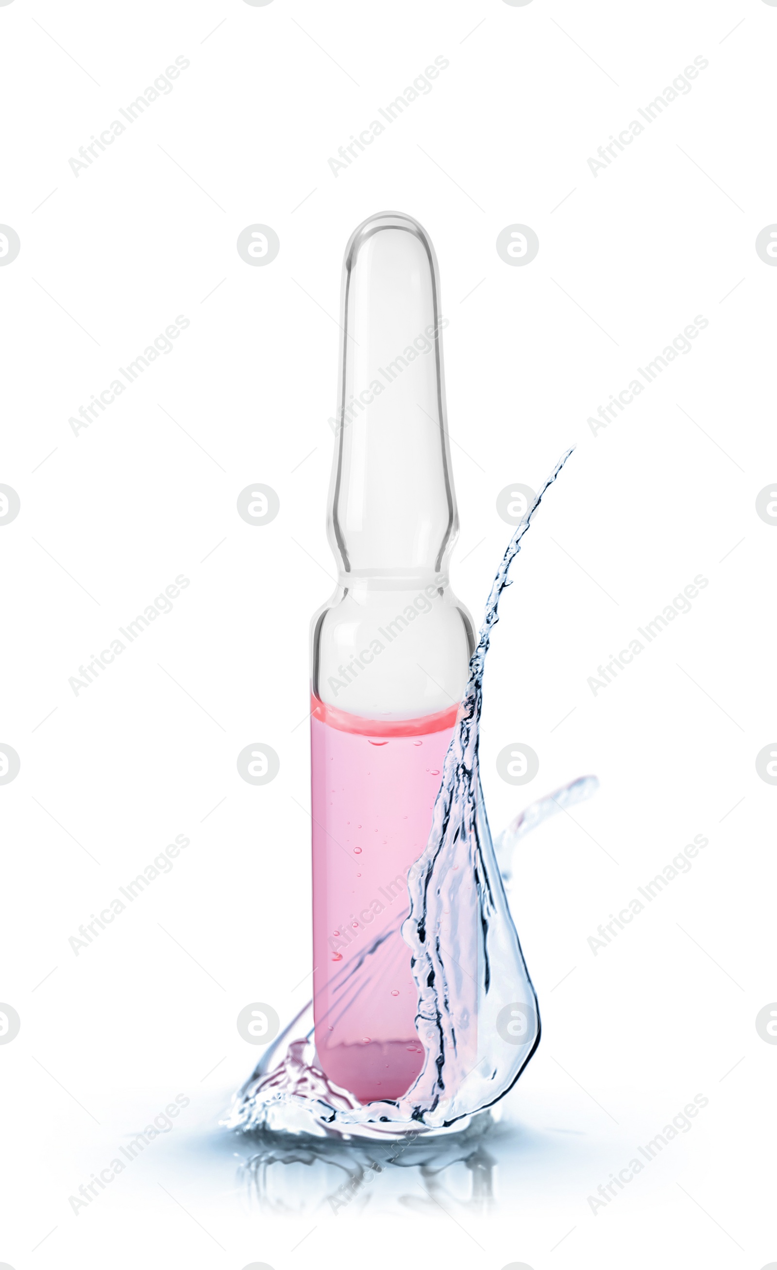 Image of Glass ampoule with pharmaceutical product and splash of water on white background