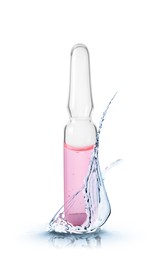 Image of Glass ampoule with pharmaceutical product and splash of water on white background