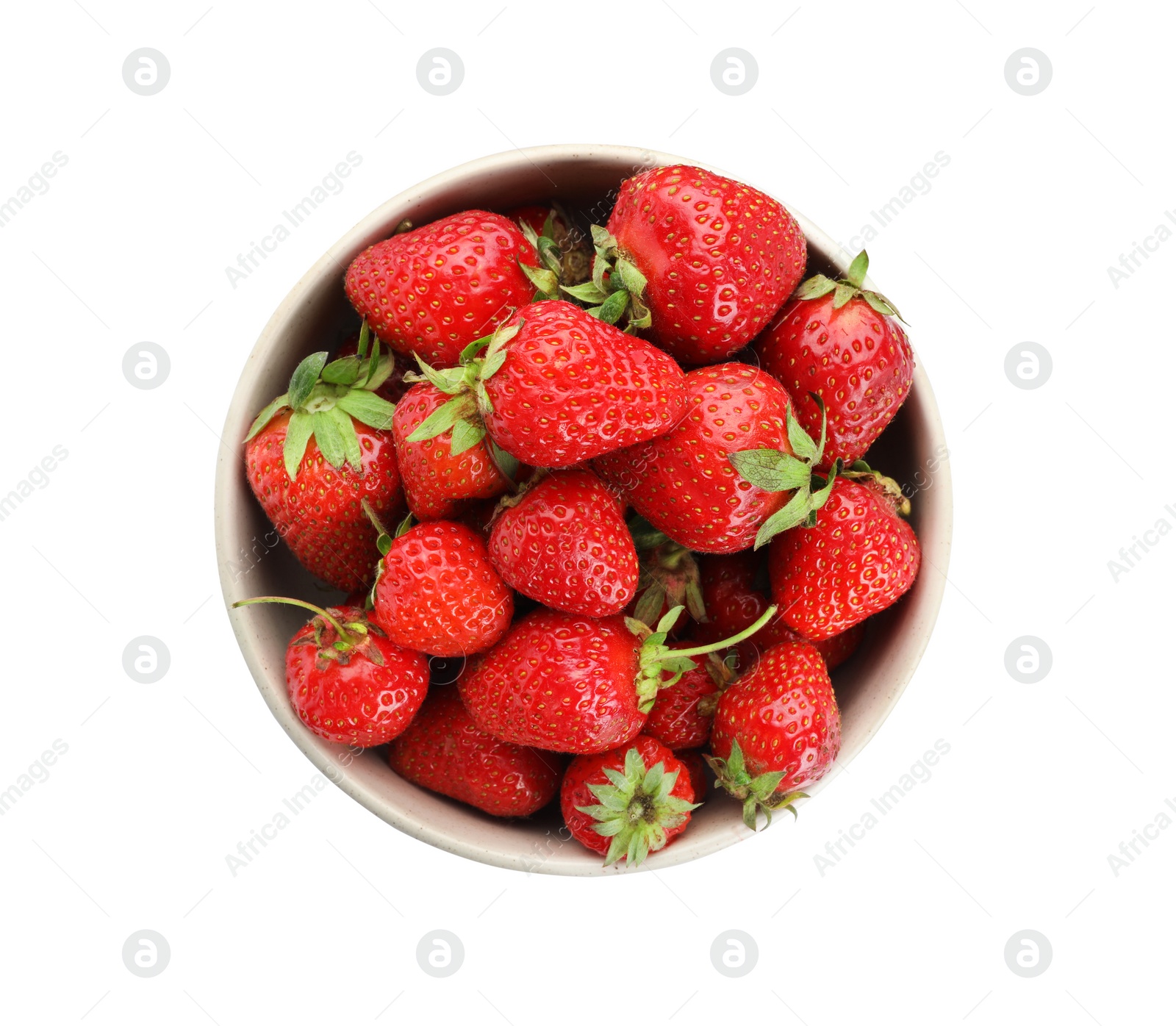 Photo of Ripe strawberries in bowl isolated on white, top view
