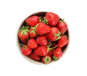 Ripe strawberries in bowl isolated on white, top view