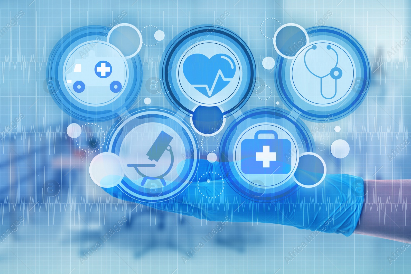 Image of Medical technology concept. Doctor and illustration of different icons, closeup