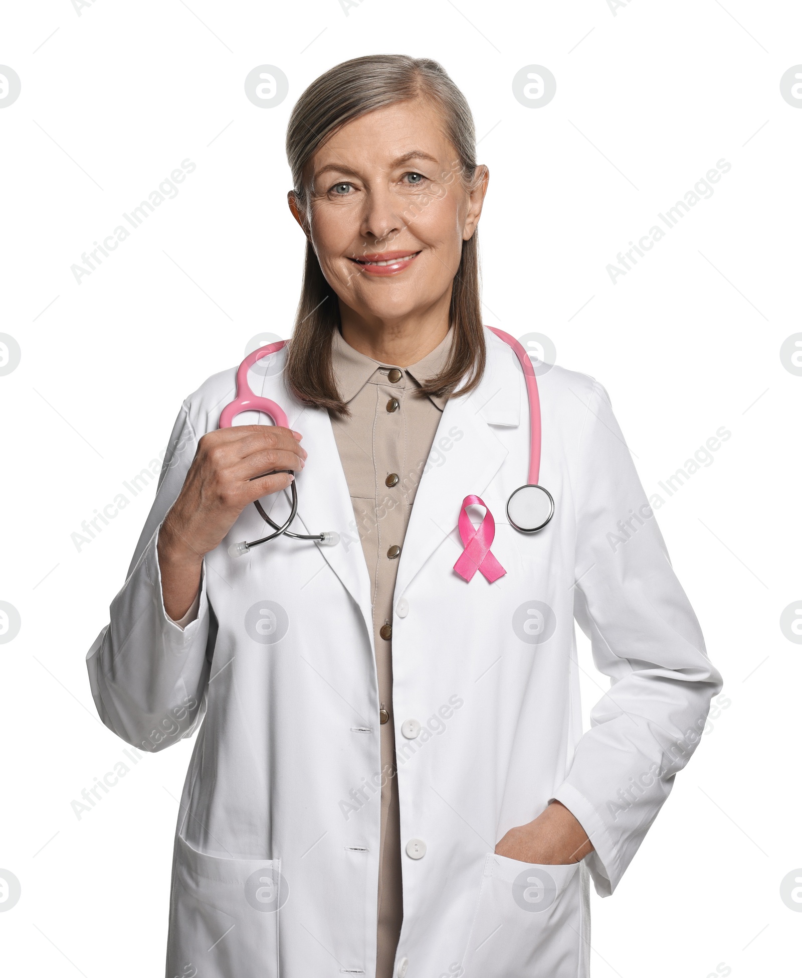 Photo of Mammologist with pink ribbon on white background. Breast cancer awareness