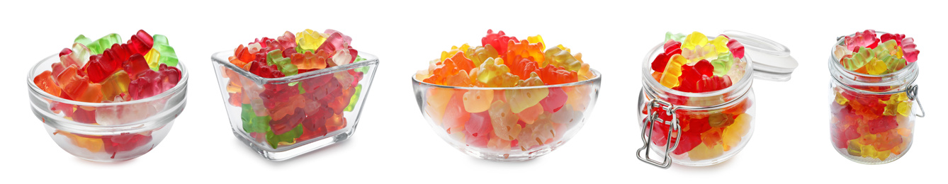 Image of Set with delicious jelly bears on white background. Banner design