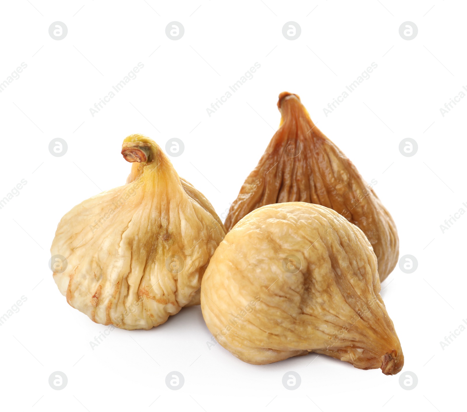 Photo of Tasty figs on white background. Dried fruit as healthy food