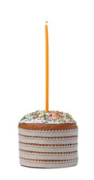 Photo of Traditional Easter cakes with sprinkles and candle on white background