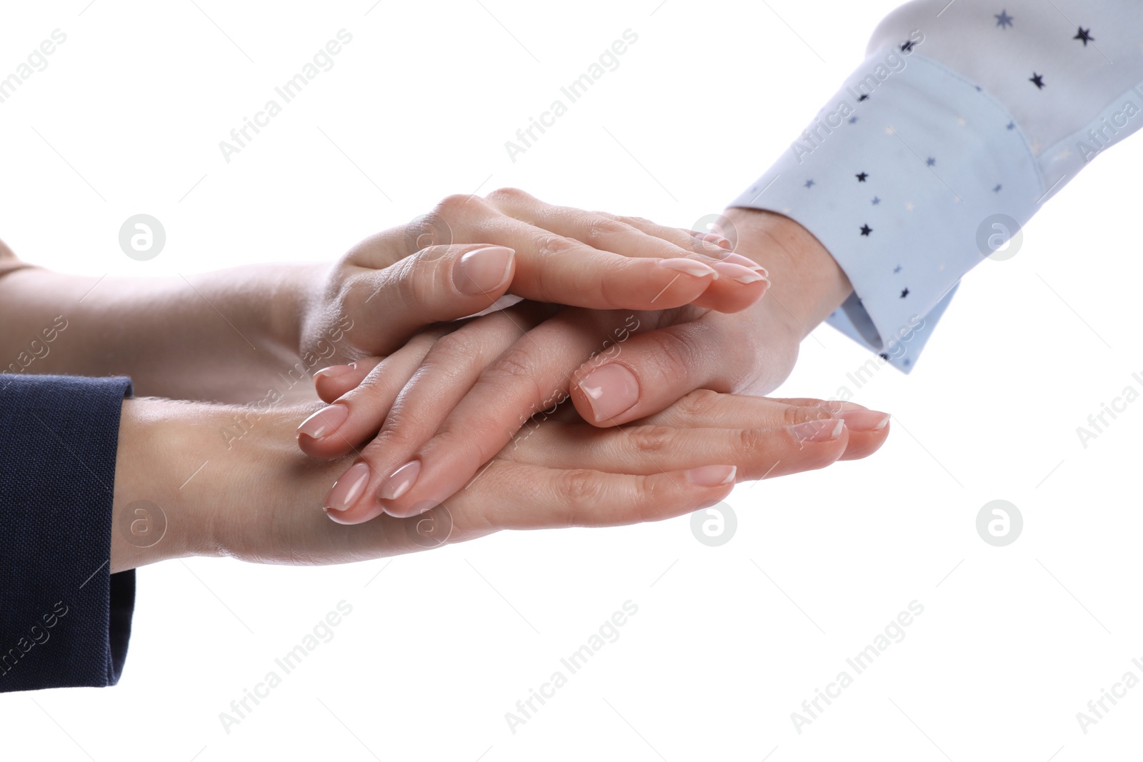 Photo of Women holding hands together on white background, closeup