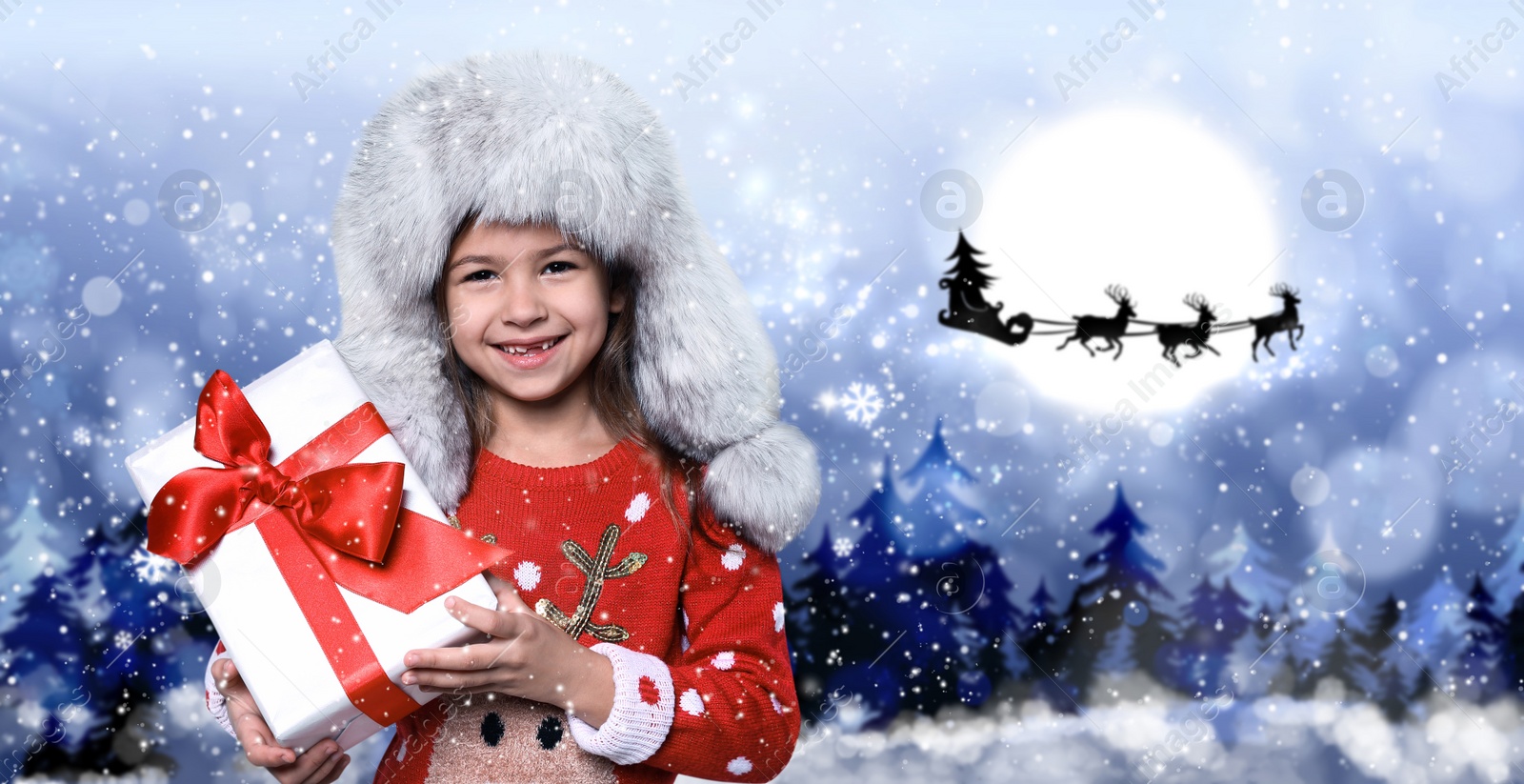 Image of Cute little child and Santa Claus flying in his sleigh against moon sky on background. Christmas celebration