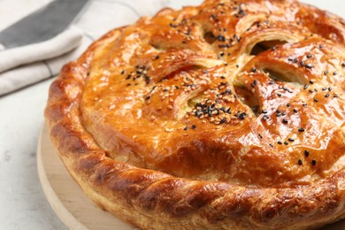 Tasty homemade pie with filling on light table, closeup