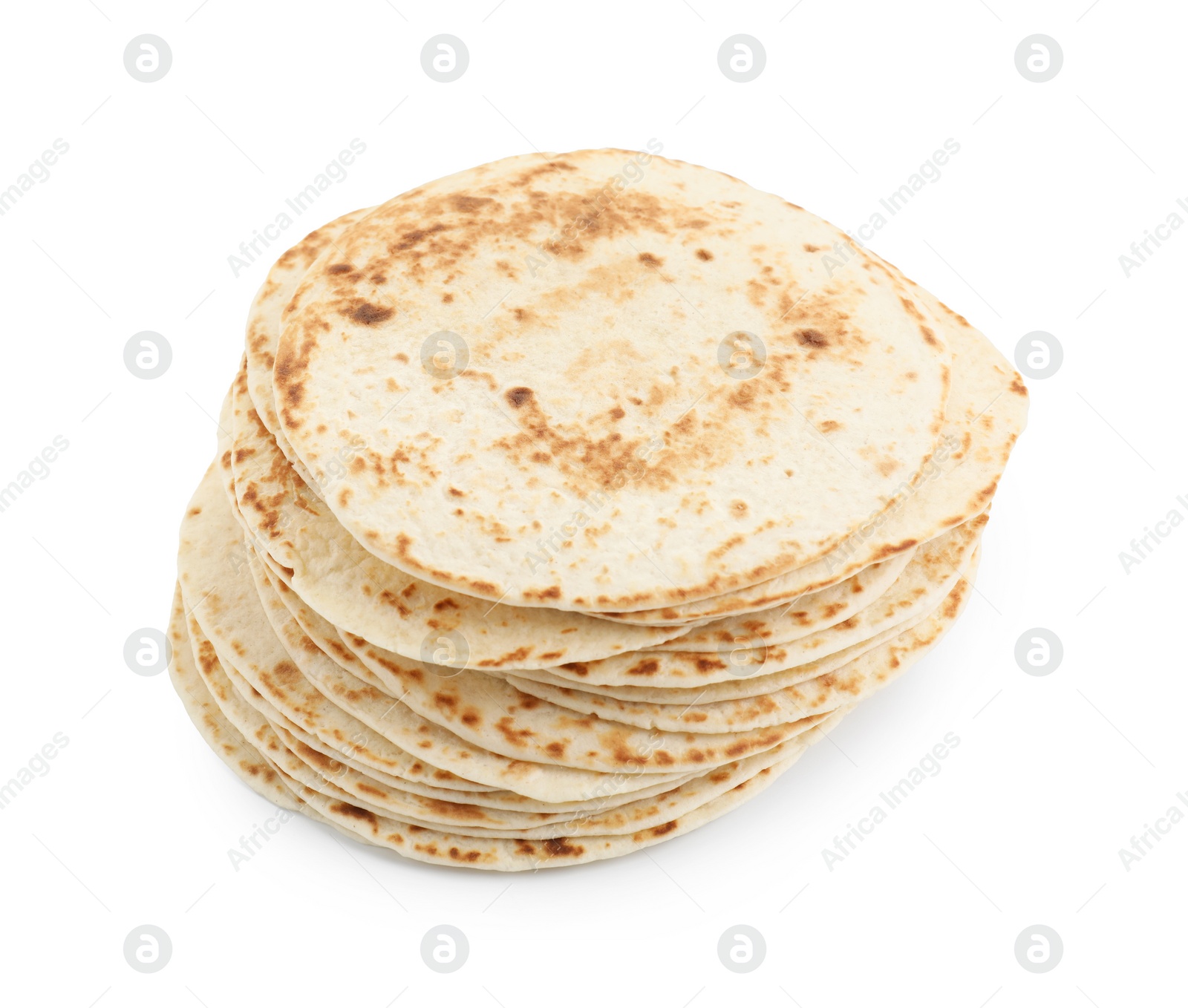 Photo of Many tasty homemade tortillas isolated on white