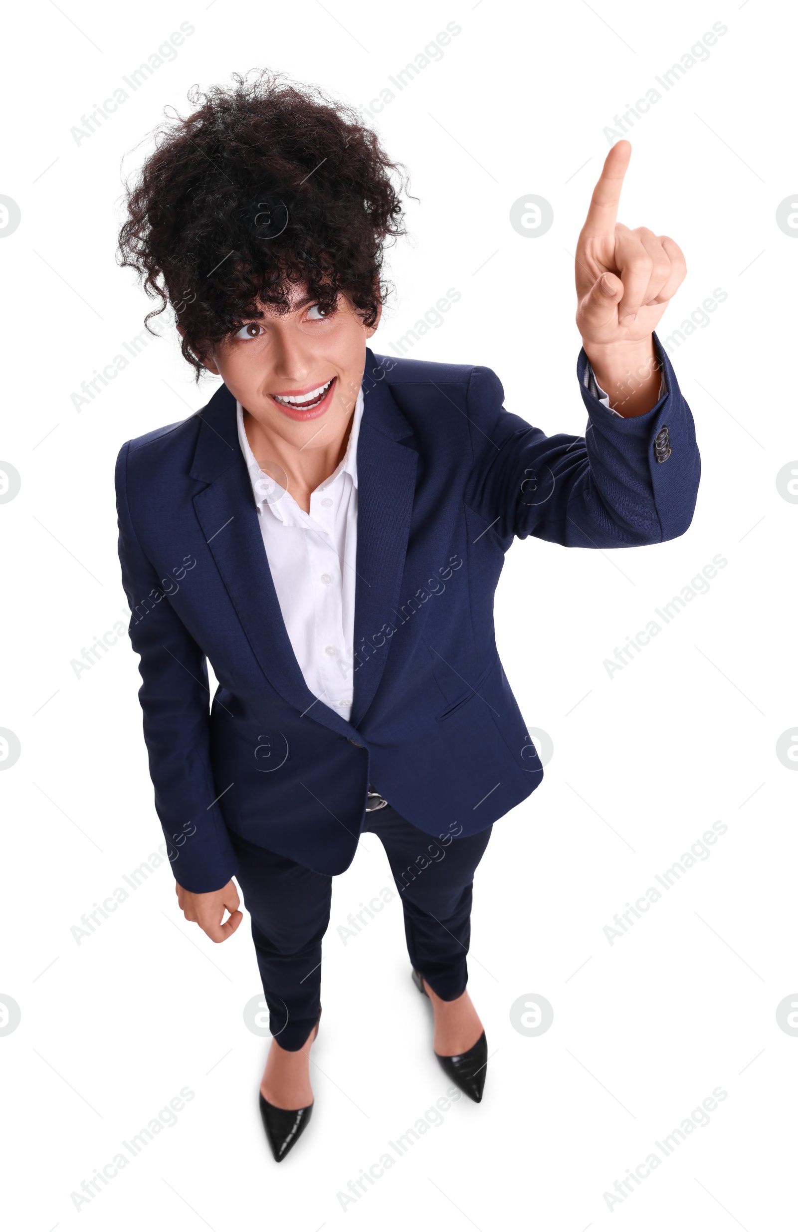 Photo of Beautiful businesswoman in suit pointing at something on white background, above view