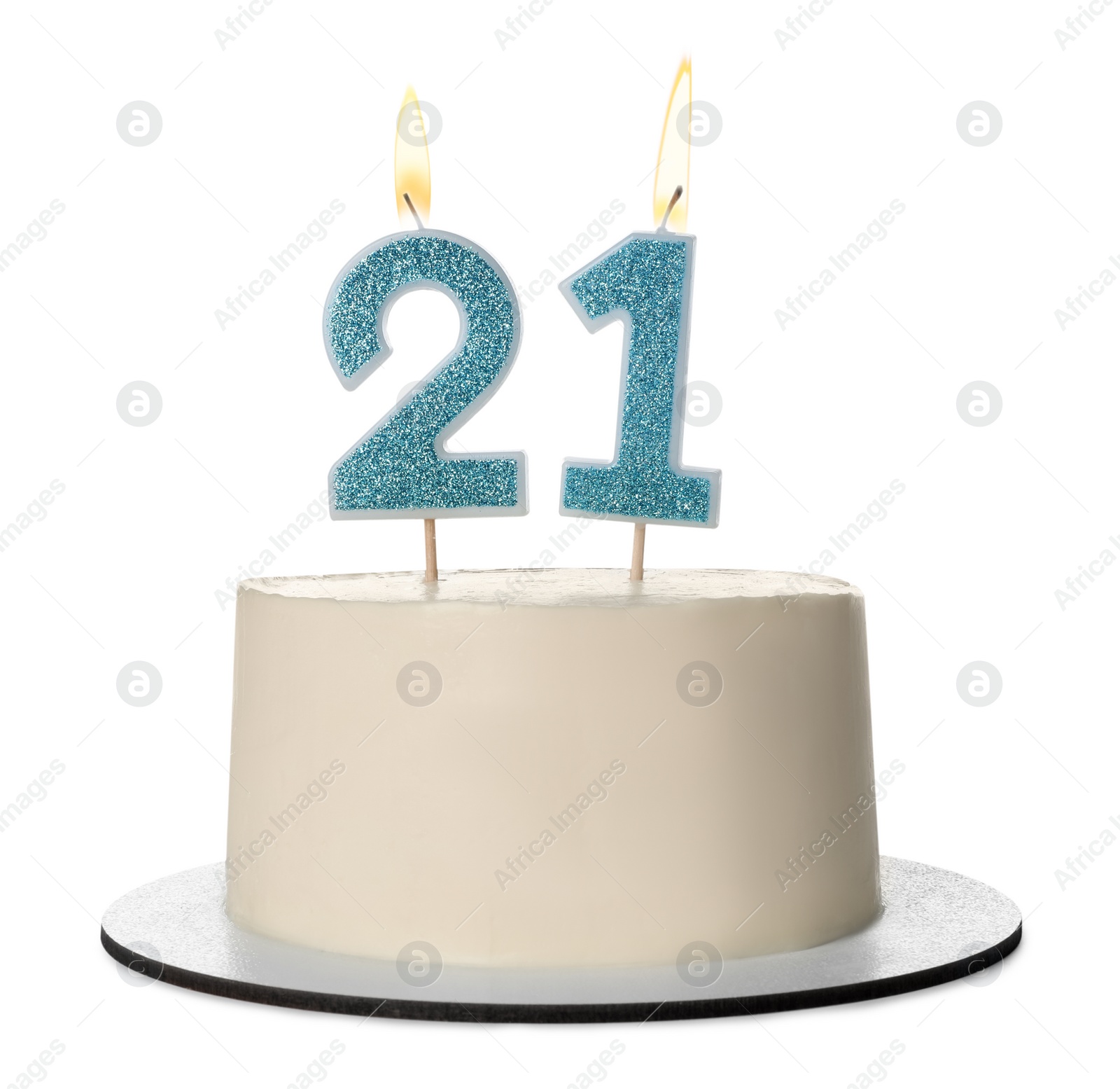 Photo of 21st birthday. Delicious cake with number shaped candles for coming of age party isolated on white