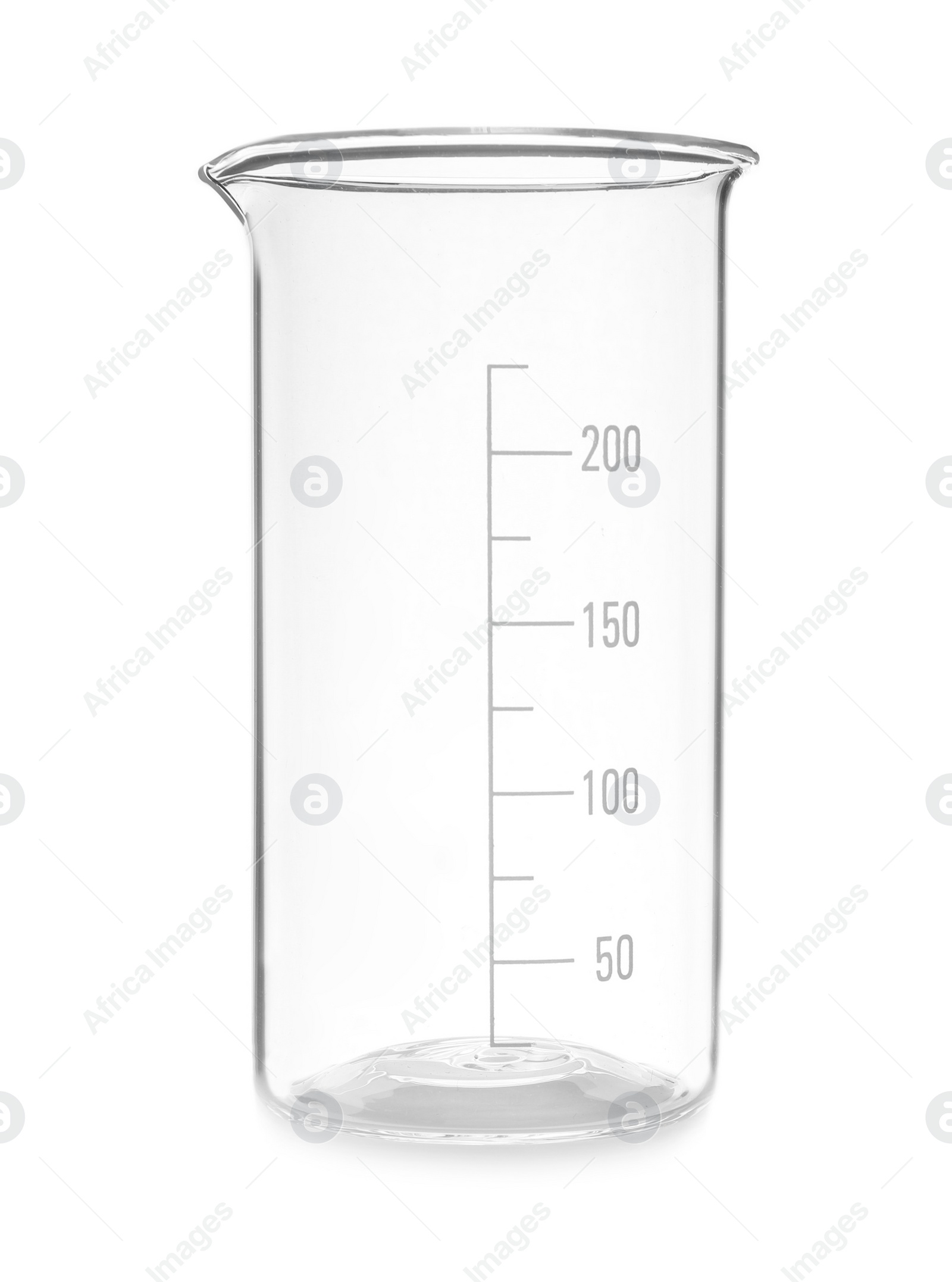 Photo of Empty beaker on white background. Laboratory glassware